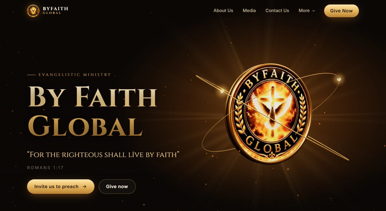 ByFaith Global website home page with a gold 3D emblem